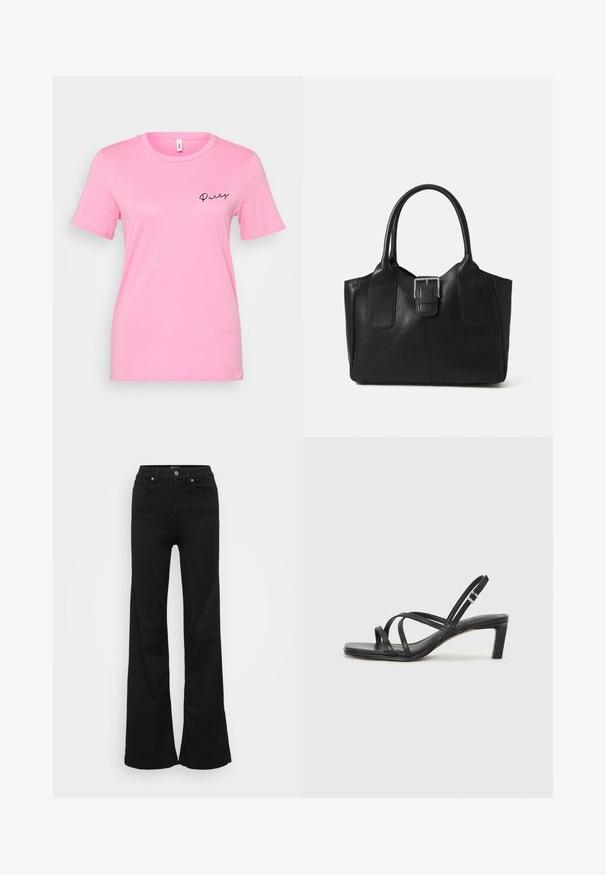 Pink cotton t-shirt featuring short sleeves, a round neckline, and black embroidered text that reads "Party" on the left side.; Black flared jeans made from denim, featuring a high waist, five pockets, and metal button closure. Smooth texture with minimal detailing.; Black strappy sandal with a square toe and a low block heel. Features multiple thin straps and an adjustable ankle strap. Made of smooth leather.; Black leather tote bag with smooth texture, structured shape, two handles, and a prominent silver buckle detail on the front.