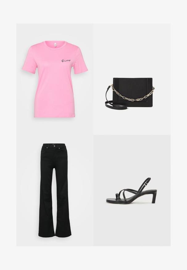 Pink cotton t-shirt featuring short sleeves, a round neckline, and black embroidered text that reads "Party" on the left side.; Black flared jeans made from denim, featuring a high waist, five pockets, and metal button closure. Smooth texture with minimal detailing.; Black strappy sandal with a square toe and a low block heel. Features multiple thin straps and an adjustable ankle strap. Made of smooth leather.; Black leather crossbody bag featuring a smooth texture, rectangular shape, and a metallic chain detail on the front. Adjustable strap included.; Silver double-band ring with a smooth, polished surface. Features a fluid, curved design with overlapping sections for a modern look.
