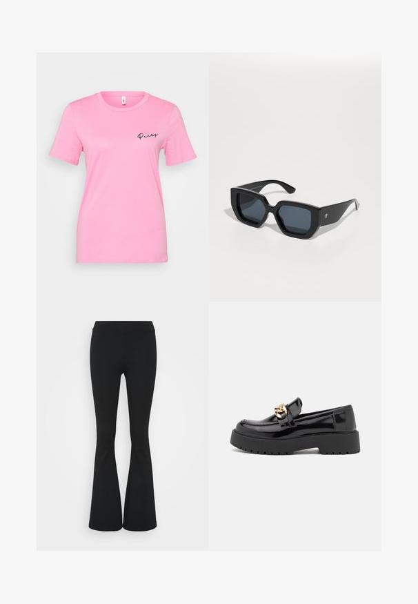 Roosa puuvillane T-särk, millel on lühikesed varrukad, ümmargune kaelus ning must tikand, mis ütleb "PEO" vasakul küljel.; Mustad flared püksid venivast kangast, kõrge vöökoht ja sile tekstuur. Püksid laienevad põlve kohalt.; Mustad musta läikiva nahaga loaferid, millel on jäme must tald ja kuldsed detailid. Sujuv tekstuur ja ümar varvaste disain.; Mustad ümmargused prillid, millel on geomeetriline disain, ristküliku kuju läätsed ja läikiv viimistlus. Ees pole nähtavat brändingut.