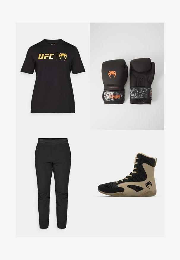 Must mustaärk, lühikeste varrukatega, puuvillane, millel on kuldne UFC logo ja käärida graafika ees. Ümmargune kaelus ja standardne lõige.; Musthave venituspüksid, millel on sobiv disain, elastne vöökoht ja lukuga taskud. Sujuv tekstuur ja kergelt läikiv viimistlus.; Korkeatoimelise spordijalanõud musta võrkmaterjaliga, millel on beežid accentsid. Tekstureeritud kummist tallad ja logodetail küljepeal.; Mustavad krossimise kinnased, millel on mati viimistlusega ja ergonoomiline disain. Oranž logo detail ja kamuflaažimuster randmetrasside peal.