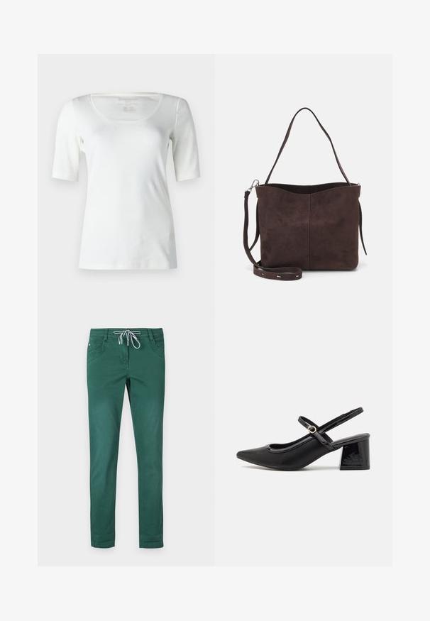 Biała koszulka z krótkim rękawem, okrągły dekolt, wykonana z gładkiego materiału, o dopasowanym kroju i minimalnych detalach. Wewnątrz oznaczenie rozmiaru 5.; Zielone spodnie z bawełny z prostymi nogawkami, z elastycznym paskiem na sznurki i dwiema kieszeniami z przodu. Gładka tekstura i brak wzorów.; Czarne lakierowane czółenka na słupku ze spiczastym noskiem, lekko zaokrąglonym wycięciem i obcasem w kształcie bloku. Posiadają złotą klamrę jako akcent dekoracyjny.; Brązowa surowa torba na ramię o miękkiej fakturze, z pojedynczym paskiem na ramię i subtelnym, zakrzywionym otwarciem u góry. Brak widocznych detali metalowych.