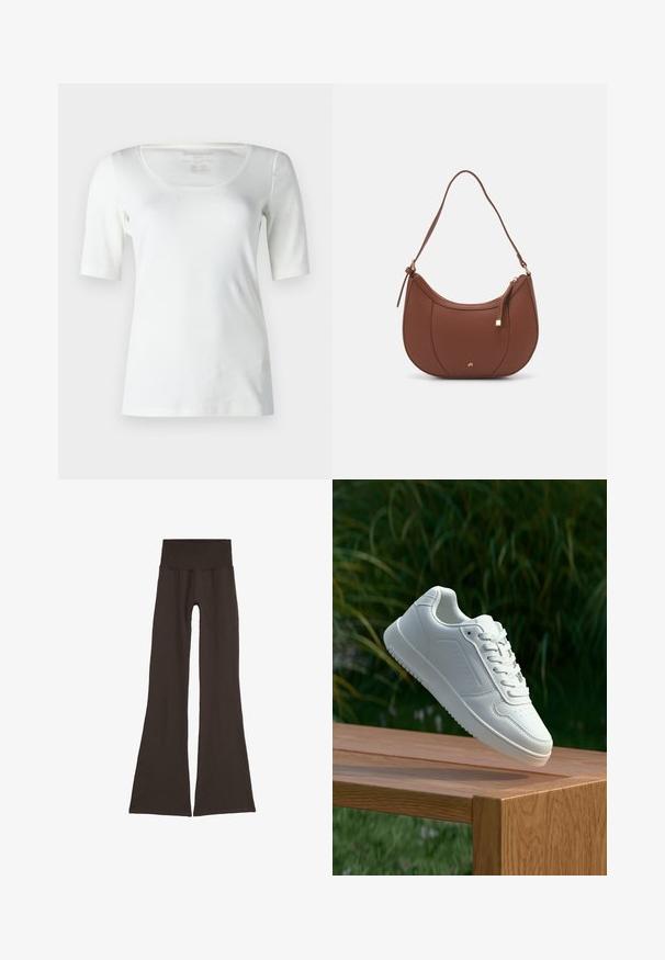 Bílý krátký rukáv tričko, kulatý výstřih, vyrobené z hladké látky, s přiléhavým střihem a minimálními detaily. Uvnitř je uvedena velikost 5.; Tmavě hnědé zvonové legíny s širokým žebrovaným pasem. Vyrobené z měkkého, elastického materiálu, s bezešvým designem a bez viditelného kovového příslušenství.; Bílé tenisky s hladkým syntetickým svrškem, perforovanou špičkou, plochými tkaničkami a texturovanou podrážkou, vystavené na dřevěném povrchu.; Hnědá kabelka přes rameno z umělé kůže s zakřiveným tvarem, minimálním prošíváním a zlatým kovovým akcentem. Disponuje vrchním zipovým uzavíráním a nastavitelným popruhem.