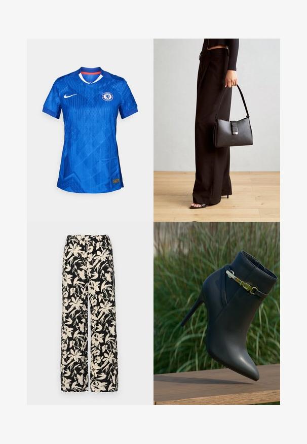 Jersija nogometnega kluba Chelsea v živi modri barvi, ki ima subtilen geometrijski vzorec, bel ovratnik in logotip Nike na sprednji strani.; Črne široke hlače z kremnim cvetličnim vzorcem. Narejene so iz lahkega blaga, ki ima gladko teksturo in visok pas.; Črne gležnjarje na visoki peti z ostrim nosom in zlatim detajlom s sponko, prikazane na leseni površini z zelenim listjem v ozadju.; Črna torbica z strukturirano obliko, gladko teksturo in kovinskim zaponko. Ujemajo se z širokimi črnimi hlačami in odprtimi sandali na lesenem tleh.