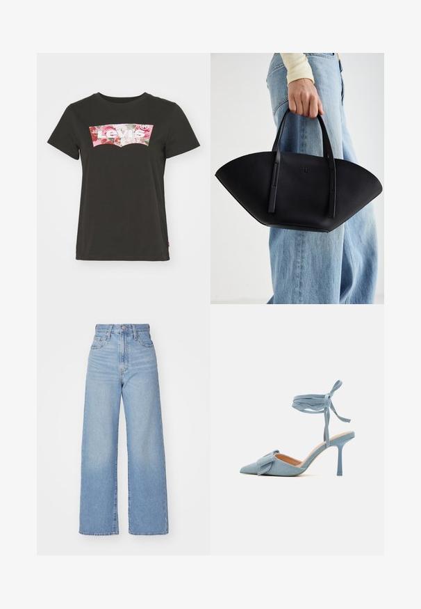 Levi's® Tricou cu imprimeu - caviar; Jeans cu talie înaltă, de culoare albastru deschis, cu croială largă, dotate cu nasture și fermoar la față, buzunare în față și spate, pe un fundal alb.; Pantof cu toc înalt, cu vârful ascuțit, dintr-un material light blue cu o textură fină, având o fundiță decorativă și o curea la gleznă pentru o ajustare sigură.; Geantă de piele neagră cu o formă unică de evantai, având mânere plate. Suprafața are o textură cu mici granule și un design minimalist.