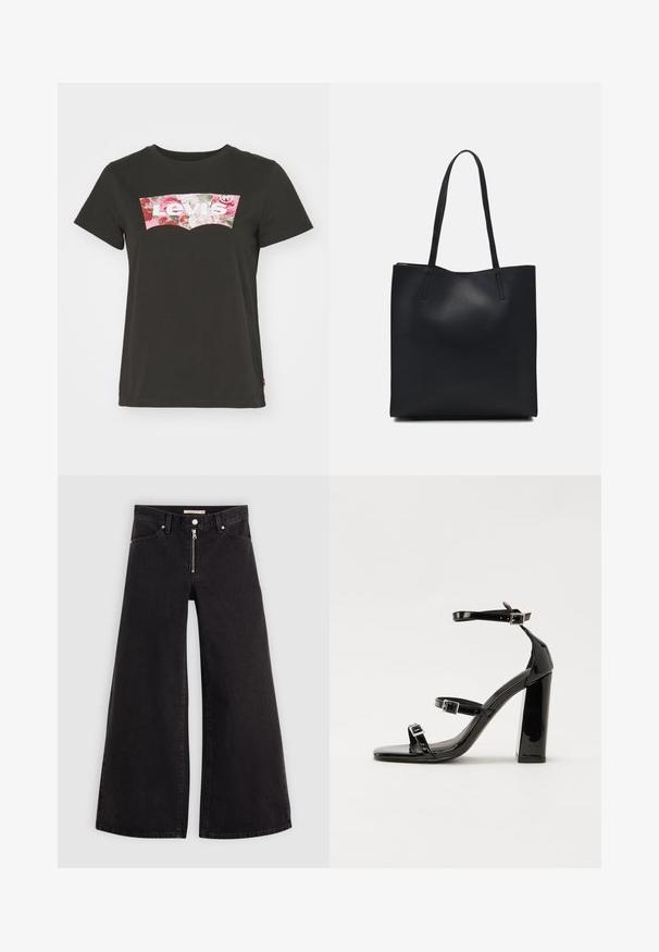 Levi's® Apdrukāts T-krekls - caviar; Platas kājas džinsi melnā džinsa audumā ar rāvējslēdzēju priekšā, piecu kabatu dizains un smalkas šuvju detaļas. Gluda tekstūra un ikdienišķs stils.; Melnas lakotas augstpapēžu čības ar kvadrāta purngalu, potīšu siksniņām un sudraba sprādzēm. Aprīkotas ar masīvu bloku papēdi stabilitātei.; Melnas ādas somiņa ar gludu tekstūru, taisnstūra formu un divām garām rokturiem. Nav redzamu aparatūras vai rotājumu.