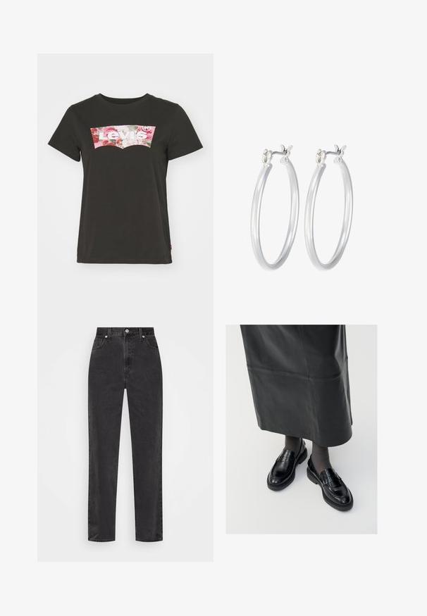 Levi's® Print T-shirt - caviar; Straight-leg black denim jeans with high waist, front button and zipper, and five-pocket styling on a white background.; Black leather loafers with a smooth finish, featuring a decorative strap, round toe, and textured sole. Worn with a long black leather skirt.; Silver hoop earrings with a smooth, polished finish. Round shape and secure click-top closure. Lightweight design suitable for everyday wear.