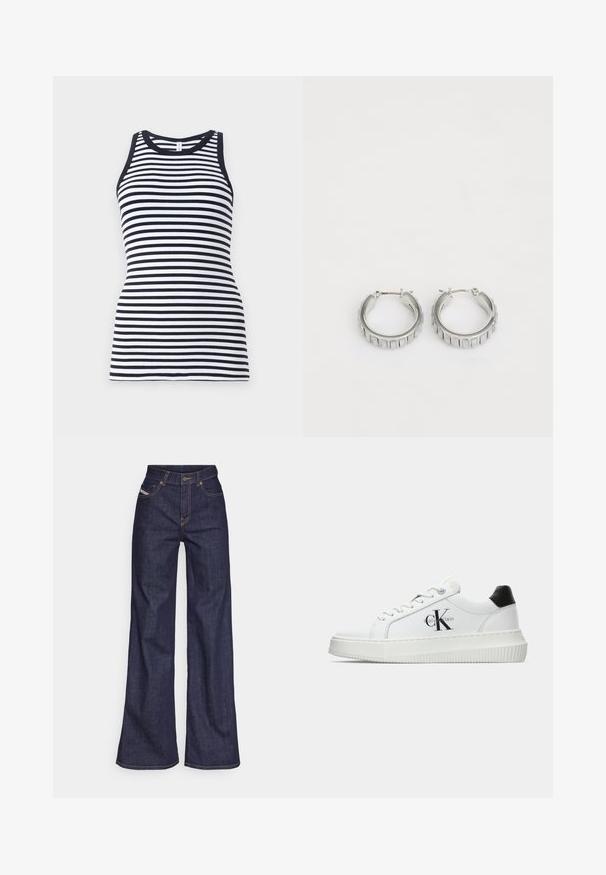 T-shirt sem mangas, às riscas, em azul-marinho e branco, com decote redondo e textura canelada, apresentando um design ajustado.; Jeans de perna larga azul escuro em tecido de denim com alta cintura, apresentando costura laranja, design de cinco bolsos e fecho de botão.; Sapatilhas brancas de cano baixo com aba preta no calcanhar, sola tipo plataforma, cordões e logo "CK" da Calvin Klein na lateral.; Brincos em argola prateados com um design texturizado que apresenta sulcos verticais. Forma circular com um fecho de segurança. Acabamento suave.
