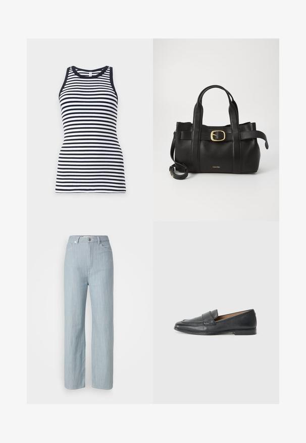 Musta ja valkoinen raidallinen hihaton t-paita, jossa on pyöreä kaula-aukko ja ribbaittu pinta, ominaisuuksiin kuuluu vartaloa myötäilevä muotoilu.; Vaaleansiniset suorat farkut, jotka on valmistettu denimistä. Sisältää viisi taskua, metallinappikiinnityksen ja hienovaraisen kulutustekstuurin.; Musta nahkakengät, joissa on sileä pinta, kevyt kiilto, pyöreä kärki ja pieni koristeommel edessä.; Musta nahkakäsilaukku, jossa on struktuurinen muotoilu, kaksoiskahvat, kultasävyinen solkiaksentti ja kohokuvioitu brändilogo edessä.