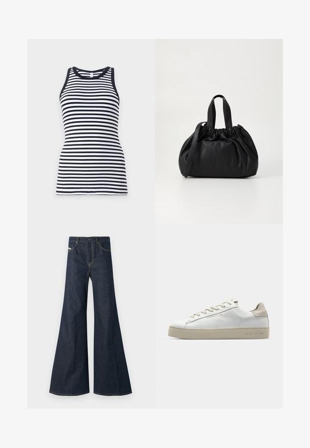 Navy and white striped sleeveless tank top with a round neckline and ribbed texture, featuring a fitted design.; Dark blue flared jeans made of denim, featuring a high waist, gold stitching accents, and two front pockets with a button closure.; White leather sneaker with a smooth finish, beige suede accents, round toe, flat lace-up design, and a textured rubber sole.; Black leather handbag with a gathered top design, featuring two short handles and a long adjustable strap. Smooth texture, rounded shape.
