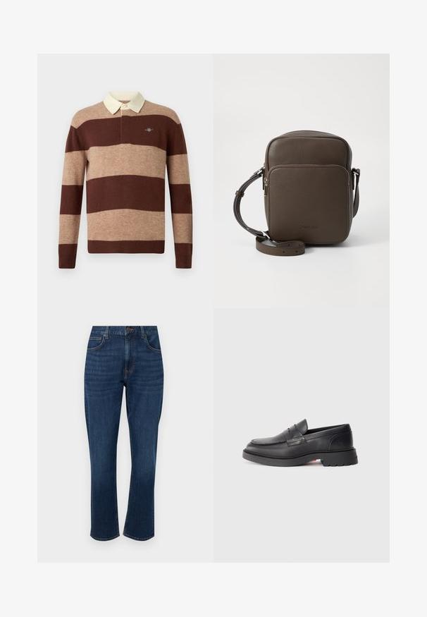 Μακρυμάνικο μπλουζάκι ράγκμπι με φαρδιές οριζόντιες καστανές και μπεζ ρίγες και κολάρο κρεμ, που διαθέτει ένα μικρό κεντημένο λογότυπο στο στήθος.; Σκούρο μπλε τζιν παντελόνι με ίσια γραμμή, πέντε τσέπες, διακριτή ραφή και κλείσιμο μπροστά με κουμπί.; Μαύρες δερμάτινες μοκέτες με στρογγυλή μύτη, ανυψωμένη ραφή και χοντρή καουτσούκ σόλα. Απλός σχεδιασμός με ελάχιστη σήμανση στην πλευρά.; Καφέ δερμάτινη τσάντα χιαστί με υφή, ορθογώνιο σχήμα, μπροστινή τσέπη με φερμουάρ και ιμάντα ρυθμιζόμενου μήκους. Το λογότυπο εμφανίζεται μπροστά.
