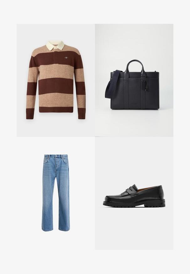 Rugby košile s dlouhým rukávem, širokými horizontálními pruhy v hnědé a béžové barvě a krémovým límcem, s malým vyšitým logem na hrudi.; Světle modré džínové kalhoty s rovnými nohavicemi, pěti kapsami, zapínáním na knoflík, minimálním vyblednutím a kontrastním prošitím.; Černé kožené mokasíny mají zvýšený šev, dvě dekorativní pásky na svršku a silnou strukturovanou podrážku pro lepší přilnavost.; Tmavě námořnická kožená aktovka s dvojitými horními rukojeťmi a odnímatelným popruhem. Má texturovaný povrch, vertikální švy a detail s logem.