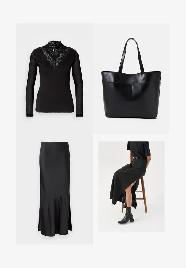Svart langermet topp med blondet høy hals og gjennomsiktige ermer med prikker, med en figurnær kropp og enkel kant.; Svart sateng midi skjørt med et stilrent design, som har en lett utflaring fra kanten og glidelåsspalte på siden for bevegelsesfrihet. Glatt tekstur.; Svart lin maxi skjørt med høyt splitt, brukt med en svart t-skjorte og svarte ankelstøvler. Minimalistisk design med avslappet passform.; Svart lær toteveske med to lange håndtak, en glatt tekstur og en strukturert form. Har en frontlomme for ekstra oppbevaring.