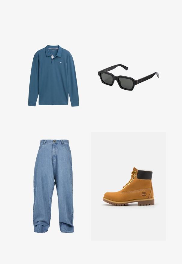 Poloko s dlouhým rukávem v modrozelené barvě z bavlny, s bílým podkladem límce, třemi knoflíky a malým logem na hrudi.; Světle modré džíny s volným střihem, zapínáním na knoflíky, předními kapsami a ohrnutým lemem, s klasickým designem pěti kapes.; Hnědá kožená kotníková bota s kovovými očka, bílou kožešinovou podšívkou, černým polstrovaným límcem, robustní podrážkou a raženým logem na boku.; Černé sluneční brýle čtvercového tvaru s šedými skly. Hrubé plastové obruby mají zlaté akcenty a branding na straně. Hladký povrch.