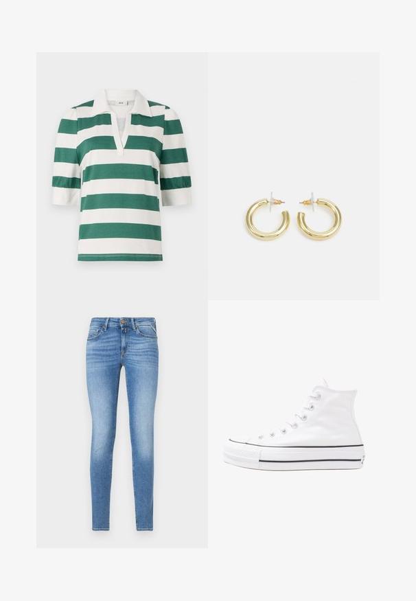 Groene en witte gestreepte poloshirt met korte pofmouwen en een V-hals ontwerp. Gemaakt van zachte, lichtgewicht stof.; Marineblauwe corduroy blouse met een knoopsluiting aan de voorkant, kraag en driekwartmouwen. Bevat een peplum-stijl gerimpelde zoom en een zachte textuur.; Slim-fit lichtblauwe spijkerbroeken met een middelhoge taille, vooraan met knoopsluiting en een vijf-pocket ontwerp.; Witte high-top canvas sneakers met een zwarte rubberen zool, een rubberen neuskap aan de voorkant en zes gaatjes voor veters, met een schone, minimalistische uitstraling.; Gouden creolen met een gladde, glanzende afwerking. Circulaire vormgeving met een kleine post en een doorzichtige achterkant voor een veilige draagervaring.