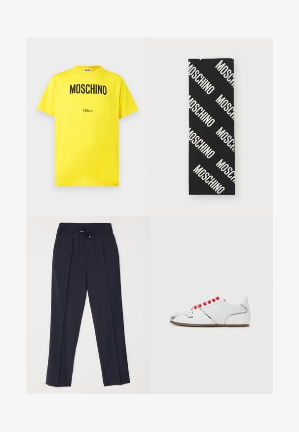 Dzeltena kokvilnas T-krekls ar melnu "Moschino" logo un tekstu "Milano", apaļu kakla izgriezumu, īsām piedurknēm un brīvu piegriezumu.; Jūras zilas bikses ar elastīgu jostu un auklu. Iespēj divi priekšējie locījumi un sašaurinātas kājas, lai radītu strukturētu siluetu.; Baltās kedas ar spīdīgu spoguļveida purngalu, sarkaniem aukliņām un gludu virsmu ar sudraba akcentiem un tekstūru apakšējo daļu.; Melna auduma ar atkārtotu "MOSCHINO" logotipu treknās baltajās burtos diagonālās pozīcijās, ar gludu tekstūru un taisnstūra formu.