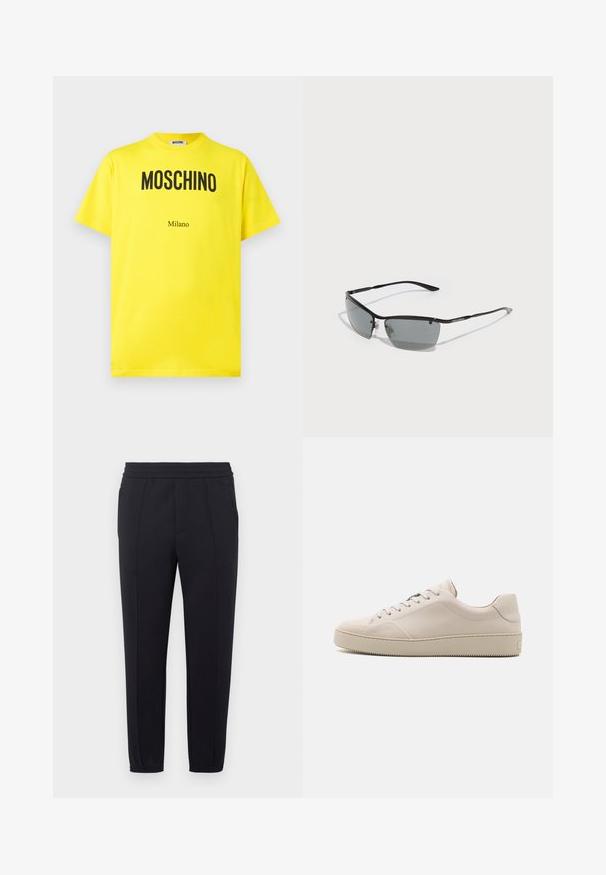 Yellow cotton t-shirt featuring black "Moschino" logo and "Milano" text, crew neck, short sleeves, and a relaxed fit.; Black jogger pants with an elastic waistband, tapered legs, side pockets, and a smooth fabric texture. Features stitched details along the seams.; Beige leather sneakers with a smooth finish, rounded toe, flat sole, and classic lace-up design. Subtle stitching accents and textured outsole.; Sunglasses with a sleek black metal frame, dark gray lenses, and thin arms. Features adjustable nose pads and subtle branding on the side.