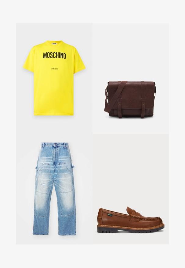 Żółta bawełniana koszulka z czarnym logo "Moschino" i napisem "Milano", z okrągłym dekoltem, krótkimi rękawami i swobodnym krojem.; Jasnoniebieskie dżinsy o luźnym kroju, z wieloma kieszeniami, przetarciami i wyblakłym wykończeniem. Prosta nogawka.; Brązowe skórzane mokasyny z dekoracyjnym przeszyciem i teksturowanym noskiem. Podeszwa ma wytrzymałą konstrukcję, zapewniającą przyczepność i trwałość.; Brązowa skórzana torba na ramię z płaskim klapem z przodu, dwoma paskami, złotymi akcentami oraz regulowanym paskiem na ramię.