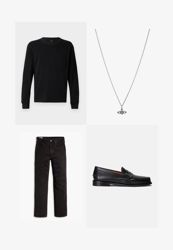 T-shirt preto de manga longa, feito de algodão suave, com gola redonda, punhos canelados e um pequeno bolso no peito. Design minimalista.; Jeans de denim pretos de perna reta com cinco bolsos, fecho de botão e passantes para cinto, dispostos em uma superfície branca.; Mocassins de couro preto com acabamento liso, bico arredondado e uma faixa decorativa na parte superior. Apresentam uma sola preta baixa.; Colar de corrente prateada com um pendente detalhado em forma de planeta, adornado com pequenos detalhes e padrões intrincados.