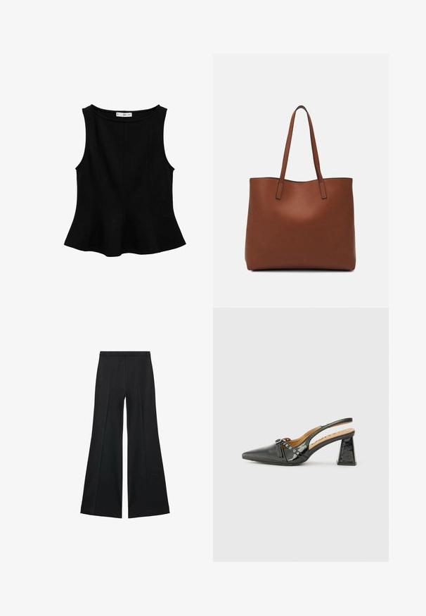 Black sleeveless top with a rounded neckline, flared hem, and vertical seam detailing. Made from a smooth, stretchy fabric.; Black wide-leg pants with a smooth texture, featuring front pleats and a tailored design. The fabric is lightweight and flowy.; Black patent leather slingback shoe with a pointed toe, triangular heel, and decorative strap with silver accents. Smooth texture.; Brown leather tote bag with a smooth texture, open top design, and two shoulder straps. Features minimal stitching and no visible hardware.