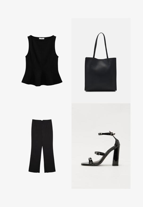 Top senza maniche nero con scollatura rotonda, orlo svasato e dettagli con cuciture verticali. Realizzato in un tessuto liscio e elasticizzato.; Pantaloni neri a gamba dritta, con tasche frontali e spacchi laterali all'orlo. Realizzati in tessuto morbido e liscio. Adatti a diverse occasioni.; Sandali con tacco in vernice nera, con punta squadrata, cinturini alla caviglia e fibbie in argento. Presentano un tacco a blocco spesso per maggiore stabilità.; Borsa tote in pelle nera con texture liscia, forma rettangolare e due manici lunghi. Nessun hardware o decorazione visibile.