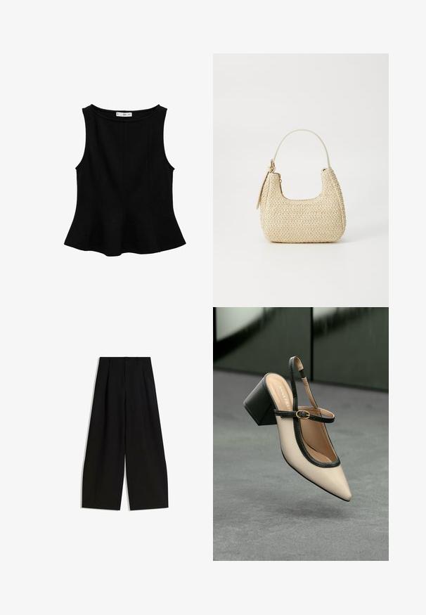 Čierny bezrukávový top s okrúhlym výstrihom, rozšíreným lemom a vertikálnymi švami. Vyrobený z hladkej, elastickej látky.; Čierne široké nohavice vyrobené z hladkej tkaniny, s vysokým pásom, záhybmi vpredu a žiadnymi viditeľnými ozdobami alebo vzormi.; Béžová lodička so špicatou špičkou, s čiernym lemom, zlatou prackou a robustným blokovým podpätkom na šedom podlahe s tmavozeleným pozadím.; Tkaná slamenná kabelka v béžovej farbe s oblým tvarom, krátkym uškom a bočným zipsom. Má textúrovaný povrch a minimalistický dizajn.