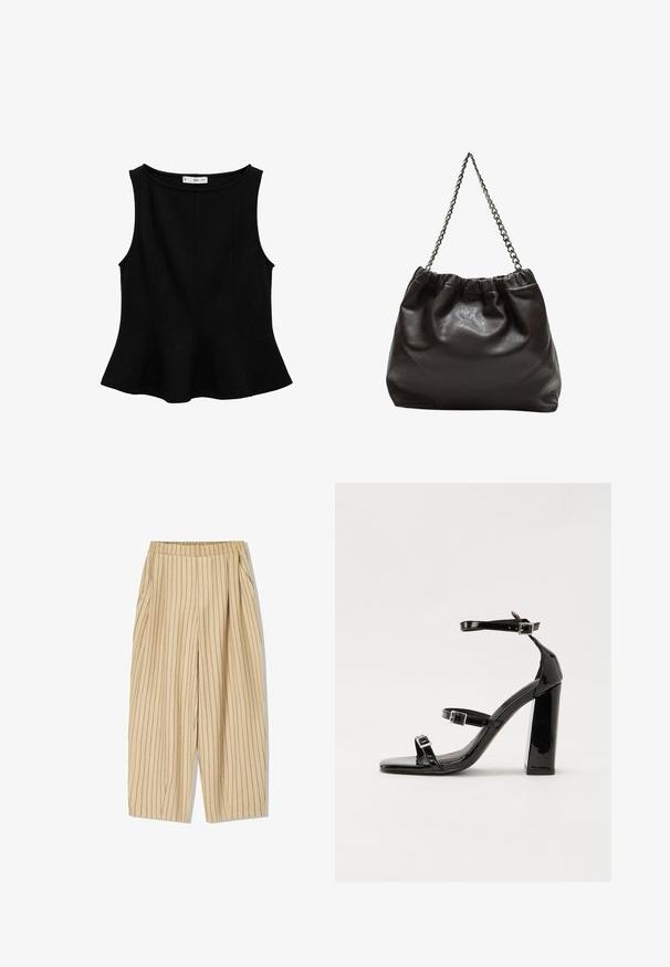 Black sleeveless top with a rounded neckline, flared hem, and vertical seam detailing. Made from a smooth, stretchy fabric.; Beige striped trousers with an elastic waistband, featuring two side pockets, a loose fit, and vertical black pinstripes for detail.; Black patent heeled sandals with a square toe, ankle straps, and silver buckles. Features a chunky block heel for stability.; Brown leather bag with a gathered top and a chain strap. Smooth texture with a glossy finish and subtle seam detailing on the sides.