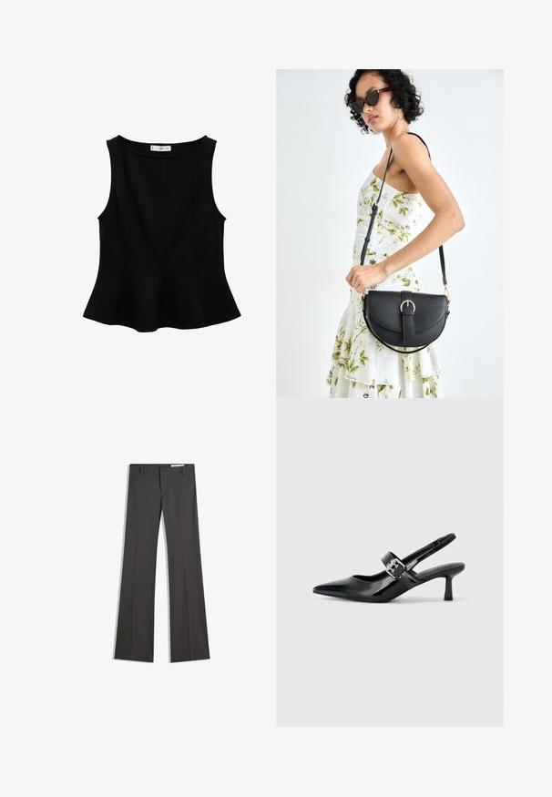 Top sans manches noir avec un décolleté arrondi, un ourlet évasé et des détails de coutures verticales. Fabriqué en tissu lisse et extensible.; Pantalons évasés gris en tissu lisse, dotés d'un devant plat, de passants de ceinture et d'un design ajusté avec des lignes épurées.; Escarpins slingback en cuir verni noir avec un bout pointu et un petit talon bloc, mettant en avant un accent en boucle argentée sur la sangle.; Sac à main en cuir noir avec une forme courbée, bandoulière amovible et des accessoires en or. Le sac est doté d'un rabat avec un détail de boucle.