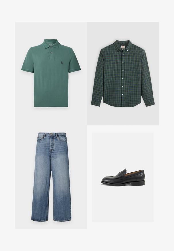 Zaļš kokvilnas polo krekls ar apkakles kakla izgriezumu, divām pogām un mazu melnu logo uz krūtīm. Īsas piedurknes un taisna apakša.; Ilgi piedurkņu pogu krekli ar zaļu, zilu un dzeltenu svītru rakstu, baltām pogām un pogājamu apkakli.; Platas kājas zils džinsu bikses ar izbalējušu apdari, piecu kabatu dizains un pogu aizdare. Aprīkotas ar jostām un piešūtu detaļu.; Melnas ādas loafers ar gludu apdari, noapaļotu purngalu un dekoratīvām šuvēm uz virsu. Zems, sakrauta papēža un neliels spīdums.