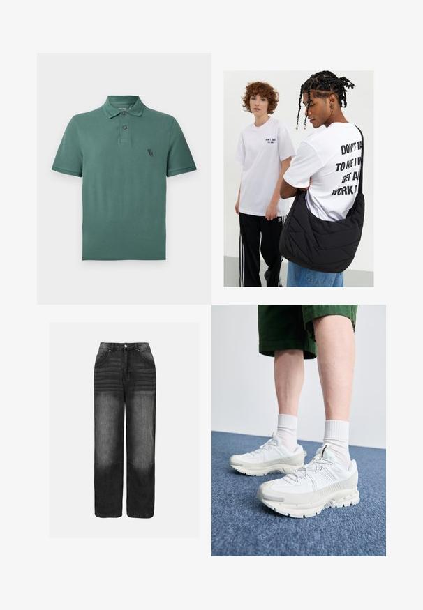 Zöld pamut pólóing, galléros nyakkal, két gombbal és egy kis fekete logóval a mellkasán. Rövid ujjú és egyenes aljú.; Fekete farmernadrág visszafogott kopás hatással, magas derékkal, öt zsebből álló kialakítással és egyenes szárú szabással. Fém kiegészítők és varrási részletek láthatók.; Fehér sportcipők texturált burkolattal, vastag talppal és szürke részletekkel. Fehér sportzoknival és zöld rövidnadrággal viselve, kék felületen.; Fekete steppelt válltáska puha textúrával, egy fehér grafikás pólót viselő személyen, amely bátor szöveget tartalmaz. Lazán öltözködik farmernadrágban.