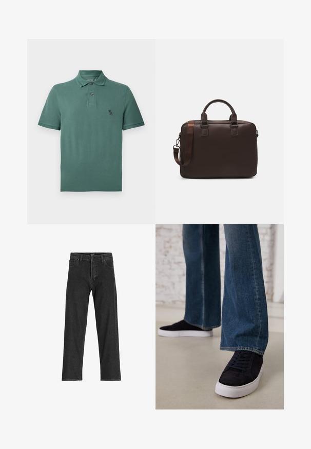 Zöld pamut pólóing, galléros nyakkal, két gombbal és egy kis fekete logóval a mellkasán. Rövid ujjú és egyenes aljú.; Fekete farmernadrág egyenes szárú dizájnnal, cipzáras záródással, övhurkokkal és hat zsebbel, tartós pamut keverékből készült.; Sötétkék velúr sportcipők fehér gumitalppal és fűzőkkel, széles szárú farmernadrággal, közepes kék mosással párosítva.; Barna bőr laptop táska texturált felülettel, dupla felső fogantyúval, állítható pánttal és két elülső csattal a részletek fokozásáért.