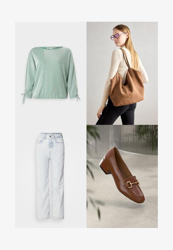 Grønnstripete topp med trekvart lange ermer, med en løs passform, knyttede detaljer ved ermene og en kontrasterende paneldesign. Myk stofftekstur.; Lyseblå høy midje jeans med rett benpassform, laget av denim. Har knappestuss, fem-lomme design og subtilt falmet tekstur.; Brun lakkert skinn loafer med firkantet tå, metallkjedeakkent, og lav blokkheel; glatt tekstur, minimalistisk design.; Brun semsketotebag med myk tekstur, stor åpning og lange stropper. Har et enkelt design med synlig søm og uten maskinvare.