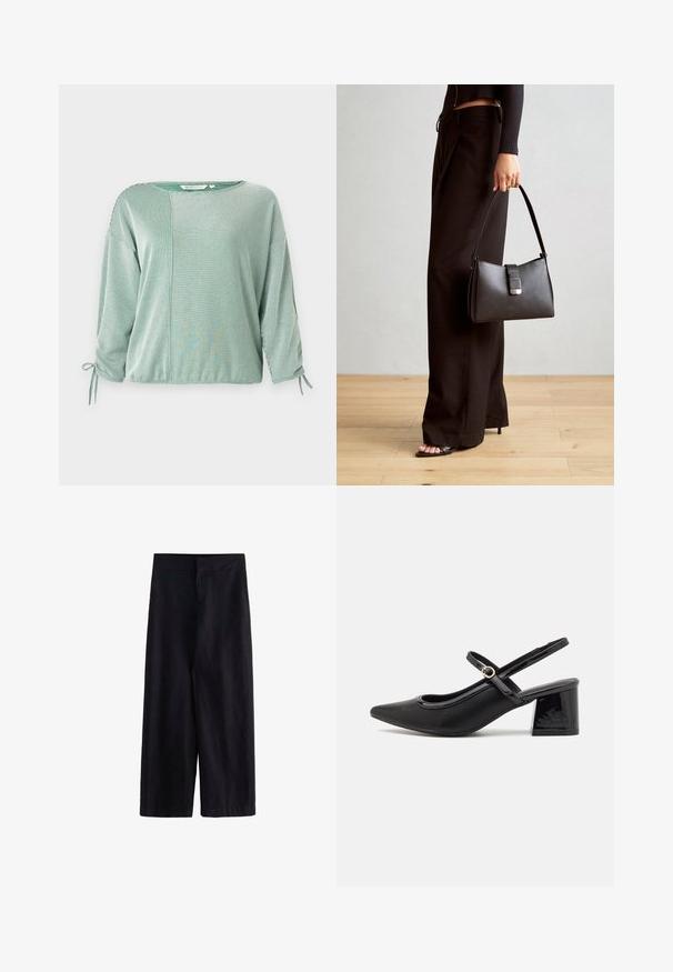 Grønnstripete topp med trekvart lange ermer, med en løs passform, knyttede detaljer ved ermene og en kontrasterende paneldesign. Myk stofftekstur.; Sorte vidde bukser laget av lett stoff. Har en flat midje med glidelås foran og lommer, egnet for avslappet eller formell bruk.; Sorte lakk lær slingback hæler med spiss tå, et avrundet utskjæringsdesign og blokkheel. Har en gulltone spenne som detalj.; Svart håndveske med strukturert form, jevn tekstur og metallisk lås. Kombinert med brede svarte bukser og sandaler med åpen tå på tregulv.