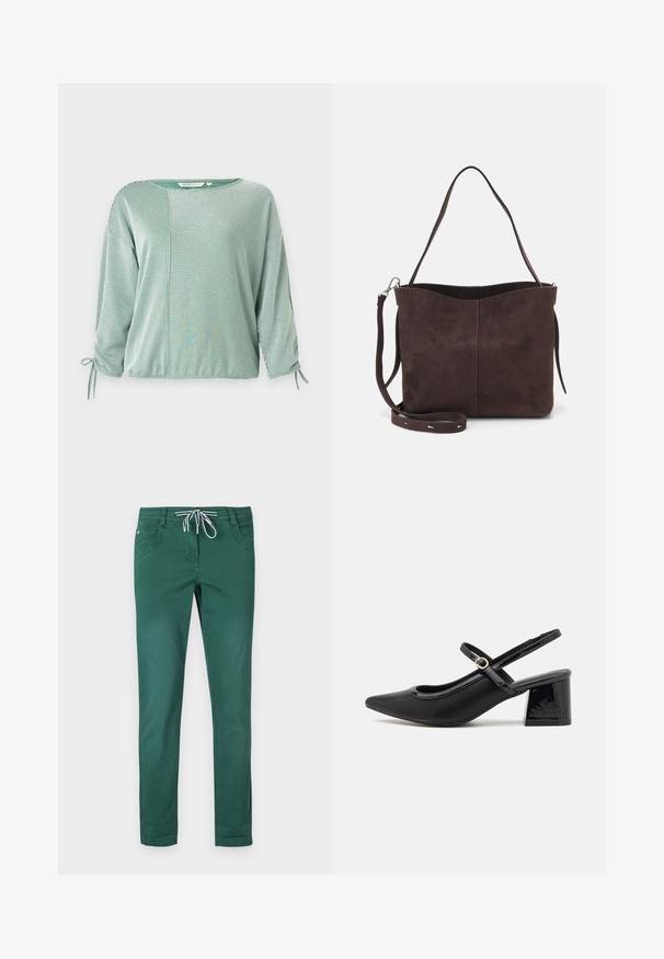 Grünes gestreiftes Oberteil mit Dreiviertelärmeln, lockerer Passform, gebundenen Akzenten an den Ärmeln und einem kontrastierenden Paneeldesign. Weicher Stoff.; Grüne Baumwollmischungshose mit geradem Bein, Kordelzugbund und zwei frontalen Taschen. Glatte Textur und keine Muster.; Schwarze Lackleder-Slingback-Absätze mit spitzer Zehenform, einem runden Ausschnitt-Design und einem Blockabsatz. Mit einem goldfarbenen Schnallenakzent.; Braune Wildleder-Tasche mit weicher Textur, ausgestattet mit einem einzelnen Schulterriemen und einer dezenten, gewölbten Öffnung an der Oberseite. Keine sichtbaren Beschläge.