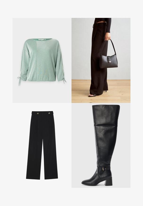 Green striped top with three-quarter sleeves, featuring a loose fit, tied accents at sleeves, and a contrasting panel design. Soft fabric texture.; Black wide-leg trousers with high waist, button details on waistband, and front pleats.; Black knee-high leather boot with block heel and decorative strap with gold buckle above the ankle, side view on white background.; Black handbag with structured shape, smooth texture, and a metallic clasp. Paired with wide black pants and open-toe sandals on wooden floor.