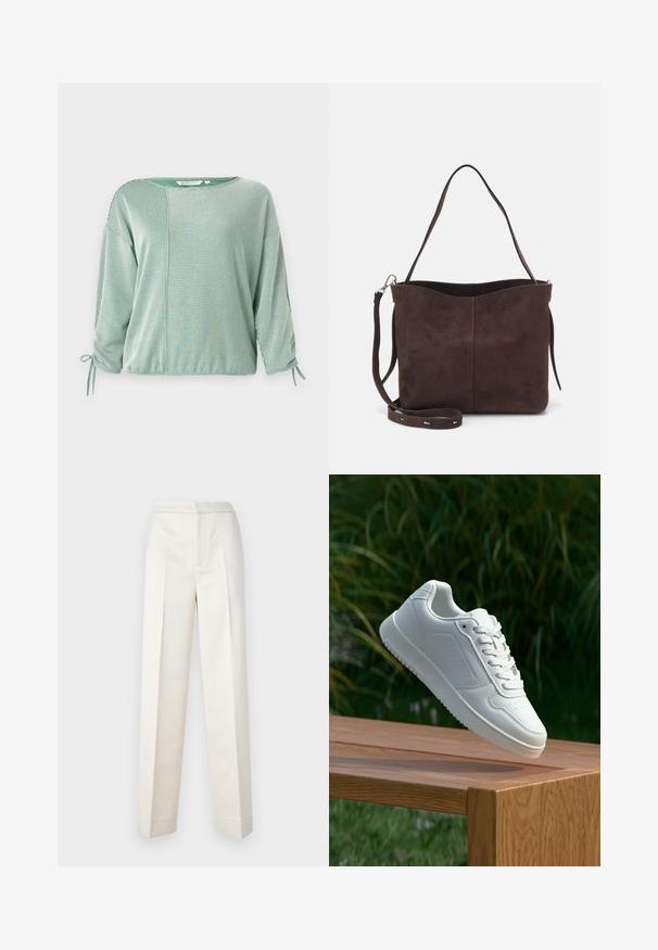 Zelený pruhovaný top s tříčtvrtečními rukávy, volný střih, vázací akcenty na rukávech a kontrastní panelový design. Měkká textilie.; Krémové kalhoty s přiléhavým střihem, rovné nohavice, hladká tkanina, přední sklady a čistý lem. Minimalistický design.; Bílé tenisky s hladkým syntetickým svrškem, perforovanou špičkou, plochými tkaničkami a texturovanou podrážkou, vystavené na dřevěném povrchu.; Hnědá semišová taška přes rameno s jemnou texturou, vybavená jedním popruhem na rameno a decentním zakřiveným horním otvorem. Žádné viditelné detaily z hardware.