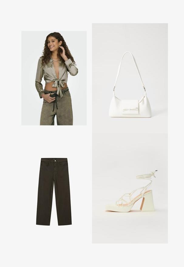 Satynowy krótki top w kolorze oliwkowym z głębokim dekoltem w kształcie V i wiązaniem w talii; w połączeniu z jasnymi spodniami dżinsowymi z wysokim stanem.; Ciemnozielone spodnie dżinsowe typu wide-leg wykonane z mieszanki bawełny, z zamkiem na guzik z przodu, pięcioma kieszeniami i klasycznym przeszyciem dżinsowym.; Biała sandał na wysokim obcasie z masywnym słupkiem, z paskowym wzorem i wiązaniem przy kostce. Gładka faktura z platformą z przodu dla dodatkowej wysokości.; Biała syntetyczna torba o trójkątnym kształcie, płaskim przednim klapce i detalach w postaci kokardy, regulowanym pasku, gładkiej fakturze oraz minimalistycznym designie.