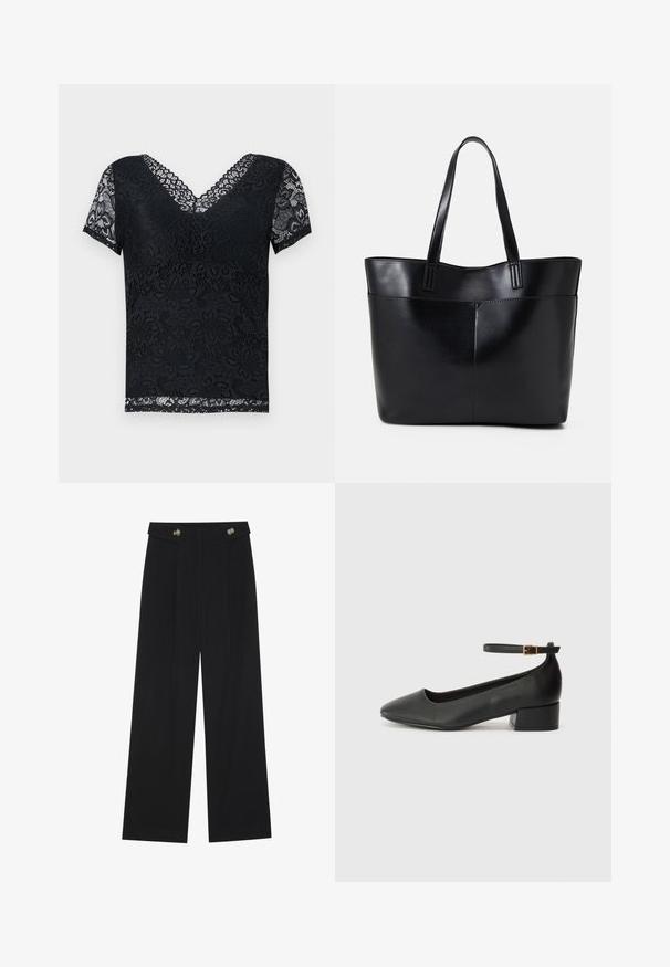 Juodas nėriniuotas viršus su V formos iškirpte ir trumpomis rankovėmis. Papuoštas gėlėmis ir banguotais nėrinių kraštais. Pusiau permatomas audinys visame paviršiuje.; Juodi plačios kojos kelnės su aukštu liemeniu, sagų detalėmis ant liemens ir priekinėmis raukšlėmis.; Juodas odinis aukštakulnis batelis su smailiu pirštu ir žemu bloku. Su kulkšnies dirželiu su auksinės spalvos sagtimi. Lygus paviršius.; Juoda odinė rankinė su dviem ilgais diržais, lygiu paviršiumi ir struktūrizuota forma. Yra priekinė kišenė papildomam saugojimui.