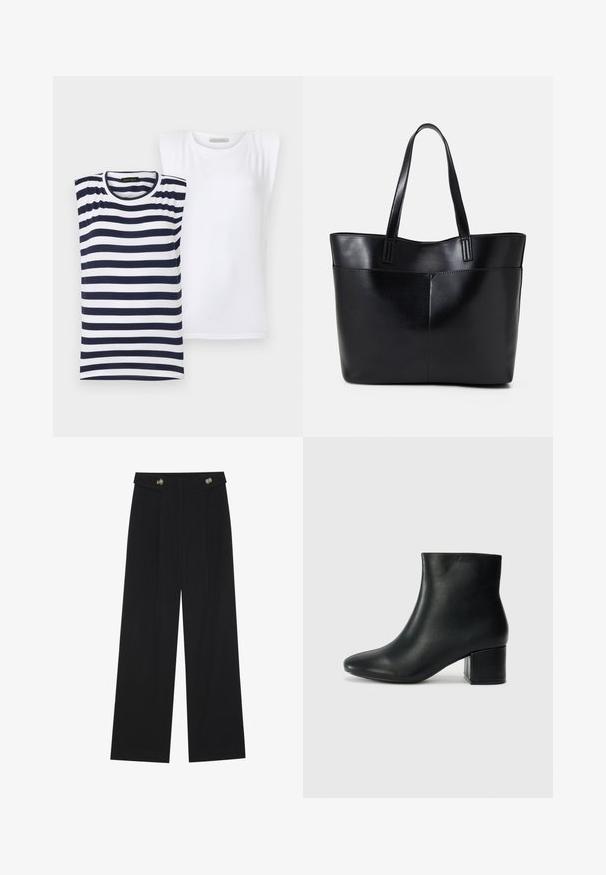 Dva ženska topa: jedan prugasti u tamnoplavoj i bijeloj boji, a drugi potpuno bijel. Oboje imaju okrugli izrez i kratke rukave, napravljeni su od mekanog pamučnog materijala.; Crne hlače širokih nogavica s visokim strukom, s dugmadi na pojasu i prednjim nabora.; Crne kožne čizme do članaka s uskim vrhom i debelim potplatom. Glatka tekstura s minimalnim detaljima i elegantan, prilagođen dizajn.; Crna kožna torba s dugim ručkama, glatkom teksturom i strukturiranim oblikom. Ima prednju džep za dodatno pohranu.