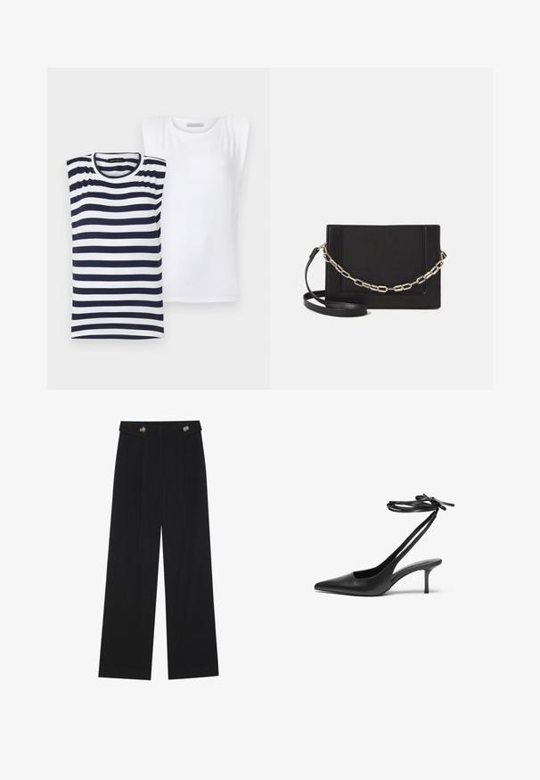 Dos blusas de mujer: una a rayas en azul marino y blanco, y la otra lisa blanca. Ambas tienen un cuello redondo y mangas cortas, hechas de un suave material de algodón.; Pantalones de pierna ancha negros con cintura alta, detalles de botones en la cinturilla y pliegues en la parte delantera.; Zapato de charol negro con tacón de aguja y punta afilada, con la parte trasera abierta y correas en los tobillos atadas en forma de lazo. Tacón delgado de 3 pulgadas. Textura suave, diseño minimalista.; Bolso cruzado de piel negra con textura suave, forma rectangular y un detalle de cadena metálica en el frente. Incluye una correa ajustable.