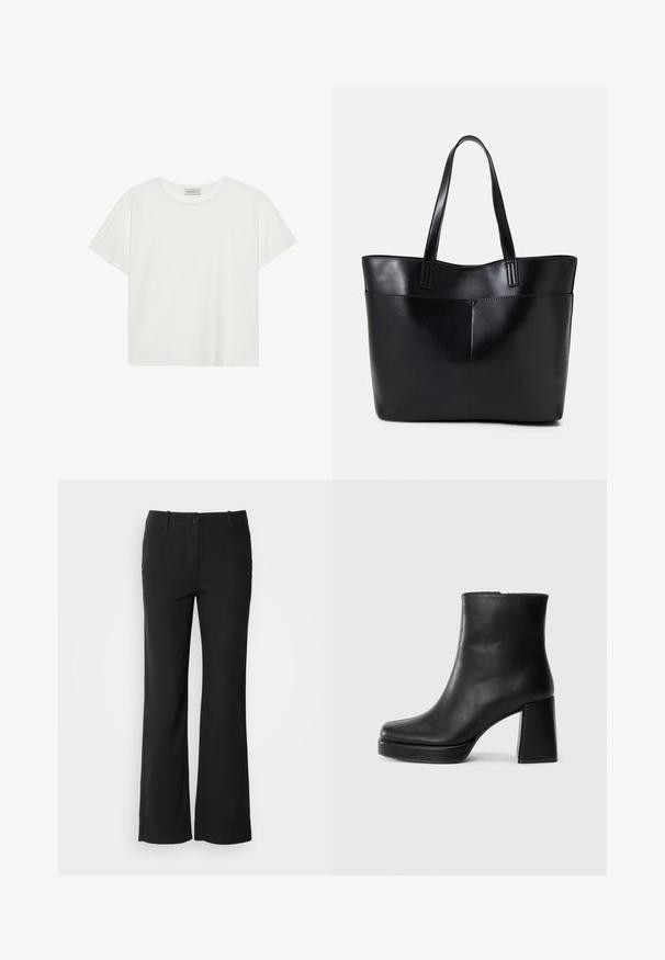 Balta trumpa rankovė T-marškiniai, pagaminti iš minkštos medvilnės. Charakterizuojami apvali kaklo iškirpte ir laisvu siluetu. Švarus dizainas be matomų raštų ar akcentų.; Juodi medvilnės mišinio kelnės su tiesiu kirpimu, priekyje su mygtukų užsegimu ir dviem šoninėmis kišenėmis. Lygi tekstūra, be matomų raštų.; Juodas odinis kulkšninis botas su bloku ir platformos padu, matomas šoniniu vaizdu ant balto fono.; Juoda odinė rankinė su dviem ilgais diržais, lygiu paviršiumi ir struktūrizuota forma. Yra priekinė kišenė papildomam saugojimui.