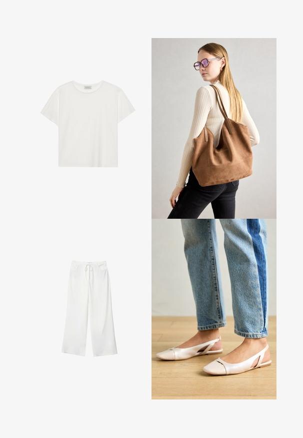 T-shirt bianco a maniche corte realizzato in morbido cotone. Presenta un collo rotondo e una vestibilità comoda. Design pulito senza modelli o dettagli visibili.; Pantaloni bianchi a gamba larga realizzati in tessuto morbido, con vita regolabile e due tasche frontali. Texture liscia e senza motivi visibili.; Ballerine slingback rosa pallido con punta affusolata, realizzate in un materiale simile alla pelle liscio. Presentano dettagli a taglio sui lati e un tacco piatto.; Borsa a tracolla in suede marrone con texture morbida, ampia apertura e lunghe cinghie. Caratterizzata da un design semplice con cuciture visibili e senza accessori.