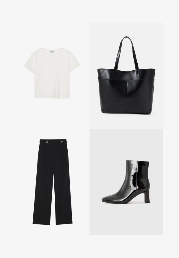 Hvit T-skjorte med kort erm laget av myk bomull. Har rund hals og avslappet passform. Rent design uten synlige mønstre eller aksenter.; Svart vide bukser med høy midje, knappdetaljer på midjebåndet og frontplisser.; Sorte patentlær ankle boot med spiss tå og en mellomhøy blokkhelt. Glatt tekstur og minimalistisk design.; Svart lær toteveske med to lange håndtak, en glatt tekstur og en strukturert form. Har en frontlomme for ekstra oppbevaring.