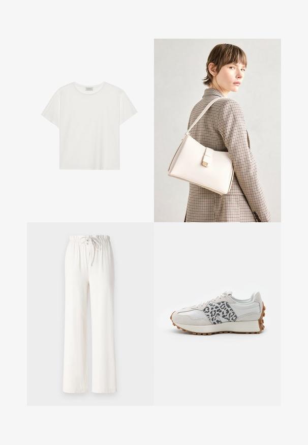 Balts īsām piedurknēm T-krekls, kas izgatavots no mīksta kokvilnas. Tam ir apaļš izgriezums un brīvs piegriezums. Tīrs dizains bez redzamām rakstiem vai akcentiem.; Baltas platās bikses, izgatavotas no mīkstas auduma, ar punktu jostas vietā un gludu tekstūru. Nav redzami raksti vai rotājumi.; Baltie sporta apavi ar pelēku leoparda rakstu akcentiem, izgatavoti no zamšādas un ādas materiāliem, ar strukturētu zoli un gumijas ārējo zoli, apaļa purngala forma un saistīšanas dizains.; Balta ādas rokassoma ar strukturētu dizainu, kurai ir magnētiska aizdare un plecu josta, parādīta uz neitrāla fona.