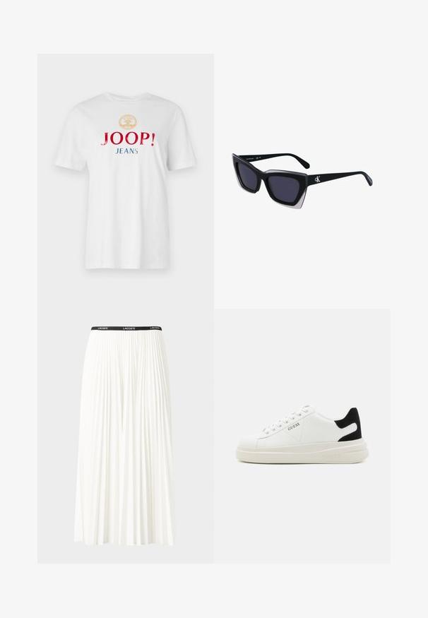 White cotton t-shirt featuring a round neckline, short sleeves, and bold multicolored text: "JOOP!" in red and "JEANS" in blue below a gold emblem.; Pleated white skirt with a black elastic waistband featuring the "LACOSTE" logo. Mid-length design with soft texture.; White leather sneakers with a thick white sole, black suede heel accent, and embossed logo on the side. Laced design with six eyelets.; Black oversized sunglasses with a geometric shape, featuring dark lenses and a contrasting grey detail on the frame. Logo on the arm.