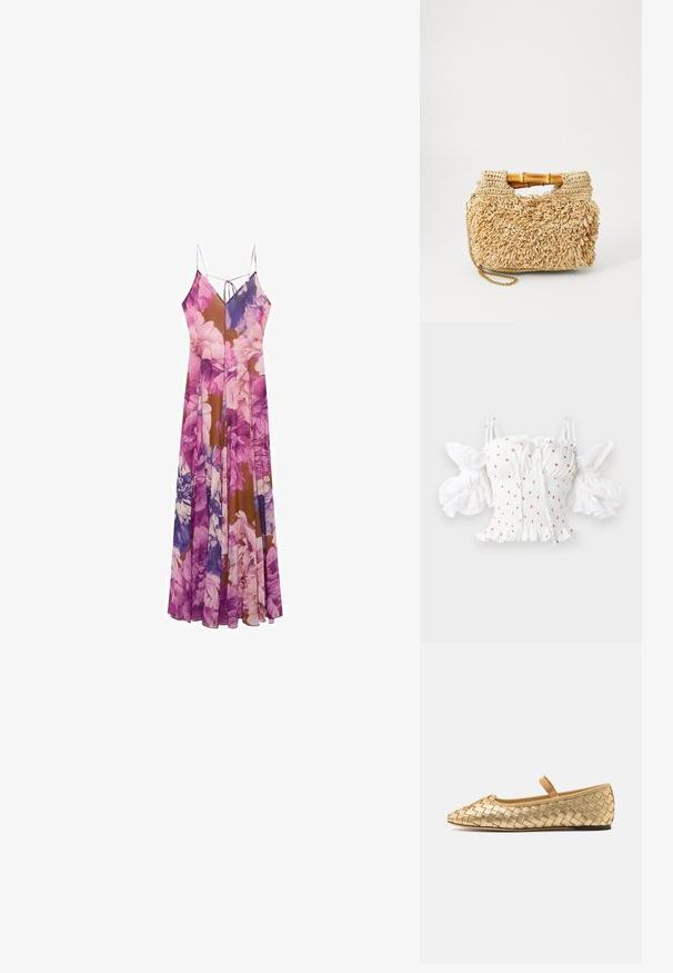 White smocked top featuring small red floral prints, adjustable spaghetti straps, and puffed sleeves with a ruffled hem.; Floral maxi dress featuring a blend of purple and brown hues, lightweight fabric, thin spaghetti straps, and a flowing silhouette.; Loeffler Randall LEONIE SOFT BALLET FLAT - Ankle strap ballet pumps - gold; Woven straw handbag with bamboo handles, featuring a textured fringe design in natural beige and a gold chain strap.
