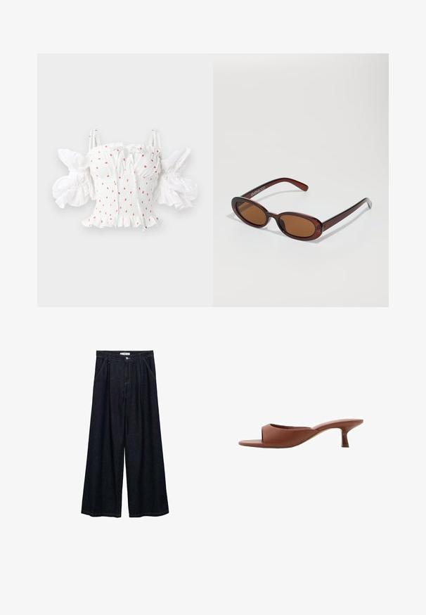 Biała bluzka z marszczeniem z małymi czerwonymi kwiatowymi wzorami, regulowanymi ramiączkami i bufkami z falbaniastym wykończeniem.; Denimowy crop top z zapięciem na zamek z przodu, szczegółami krzywych szwów oraz powtarzającym się wzorem w kształcie półksiężyca w jasnoniebieskim kolorze na ciemnoniebieskiej bazie.; Ciemnoniebieskie spodnie o szerokich nogawkach z wysokim stanem, z zamknięciem na guzik z przodu, dwoma bocznymi kieszeniami oraz detalami w szwach.; Brązowe klapki na obcasie z odsłoniętymi palcami, o gładkim, matowym wykończeniu, z zakrzywionym kształtem i przezroczystym, zwężającym się obcasem.; Okrągłe, brązowe okulary przeciwsłoneczne z błyszczącą bordową oprawą. Cienkie ramiona z subtelnym detalem marki. Płaski kształt soczewek.