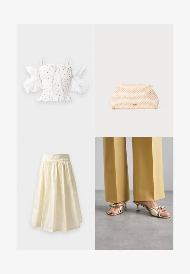 Fehér smockolt felső kicsi piros virágmintákkal, állítható spagetti pántokkal és puffos ujjak ránckosárral.; Tej színű, középidőszakú szoknya, amely könnyű, fényes anyagból készült, húzott derékrésszel és sima textúrával.; Stuart Weitzman FELICITY BOW SLIDE - Magas sarkú papucsszandálok - platino; Fonott bézs színű kézitáska kerekded formával, arany tónusú fém kiegészítőkkel és texturált mintázattal. Zárómechanizmus a tetején.