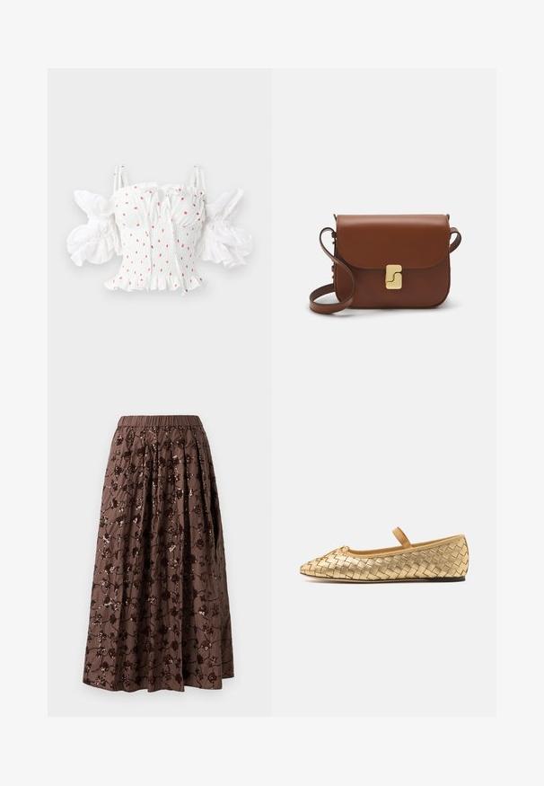 Valge smockitud topp väikeste punaste lilleprinditega, reguleeritavad ribad ja punnis varrukad rulliäärega.; Pruun midi seelik elastse vöökoha ja lilledega kristallidega kaunistusega, plekitud disainiga ning sileda kangatekstuuriga.; Loeffler Randall LEONIE SOFT BALLET FLAT - Pahkluurihmadega baleriinad - gold; Pruunist nahast käekott, millel on klapiga sulgur, kuldne riistvara, õlarihm ja sile tekstuur. Kompaktne ristkülikukujuline vorm.