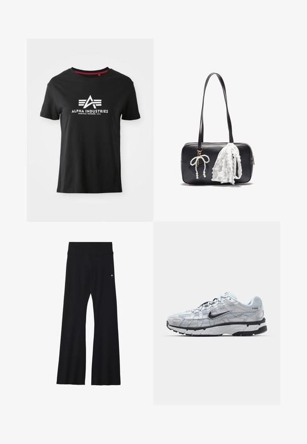 Camiseta de algodón negra con cuello redondo y mangas cortas. Presenta un logo blanco prominente con letras estilizadas y líneas de acento en el frontal.; Pantalones de yoga negros acampanados en tejido elástico, con una cinturilla ancha y un pequeño logo cerca de la cadera. Textura suave, sin patrones.; Zapatillas Nike P-6000 con parte superior de malla gris claro, acentos negros y suela de goma negra duradera. Presentan un diseño intrincado y un sistema de cordones.; Even&Odd Bolso de mano - black