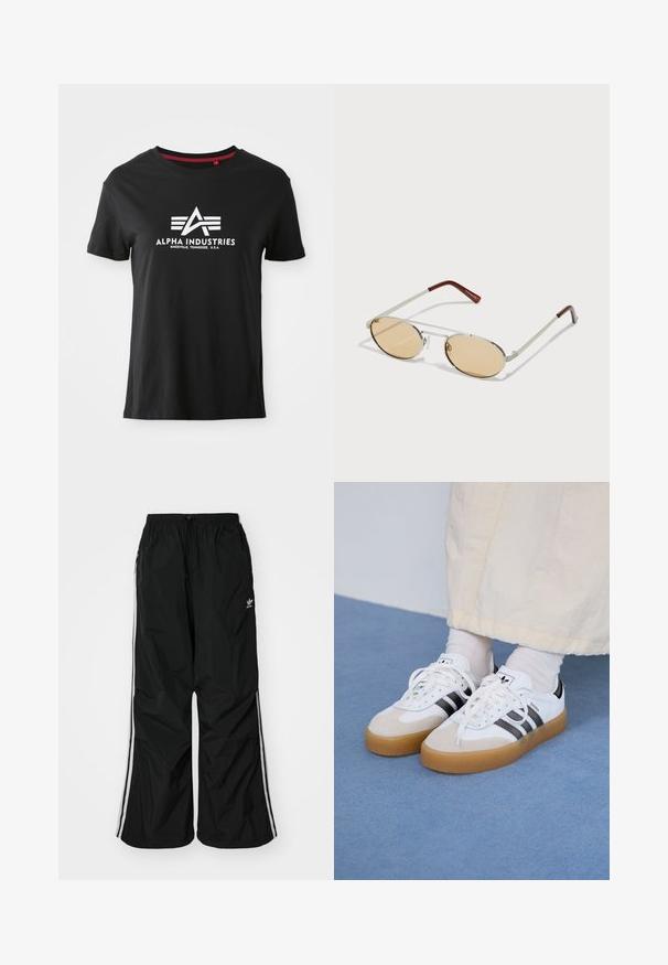 Juodas medvilnės marškinėliai su apvaliu kaklu ir trumpomis rankovėmis. Priekyje yra ryškus baltas logotipas su stilizuotais rašmenimis ir akcentinėmis linijomis.; Juodos vėjo apsauginės kelnes su elastingu juosmeniu, raišteliu, baltomis šoninėmis juostomis, laisvos kirpimo, su mažu logotipu kairėje pusėje.; Baltos sportbačiai su noir juostomis ir šviesiai rudos zomšos akcentais. Yra tekstūruota gumos padas ir plokščiomis baltomis raištelėmis, dėvimi su šviesiai spalvotomis kojinėmis.; Metalinės saulės akinių rėmeliai su ovaliais, šviesiai rudais toniniais objektyvais. Plonas sidabrinis rėmas su tekstūruotais akcentais ir raudonai rudomis antrojo pagrindo dalimis.